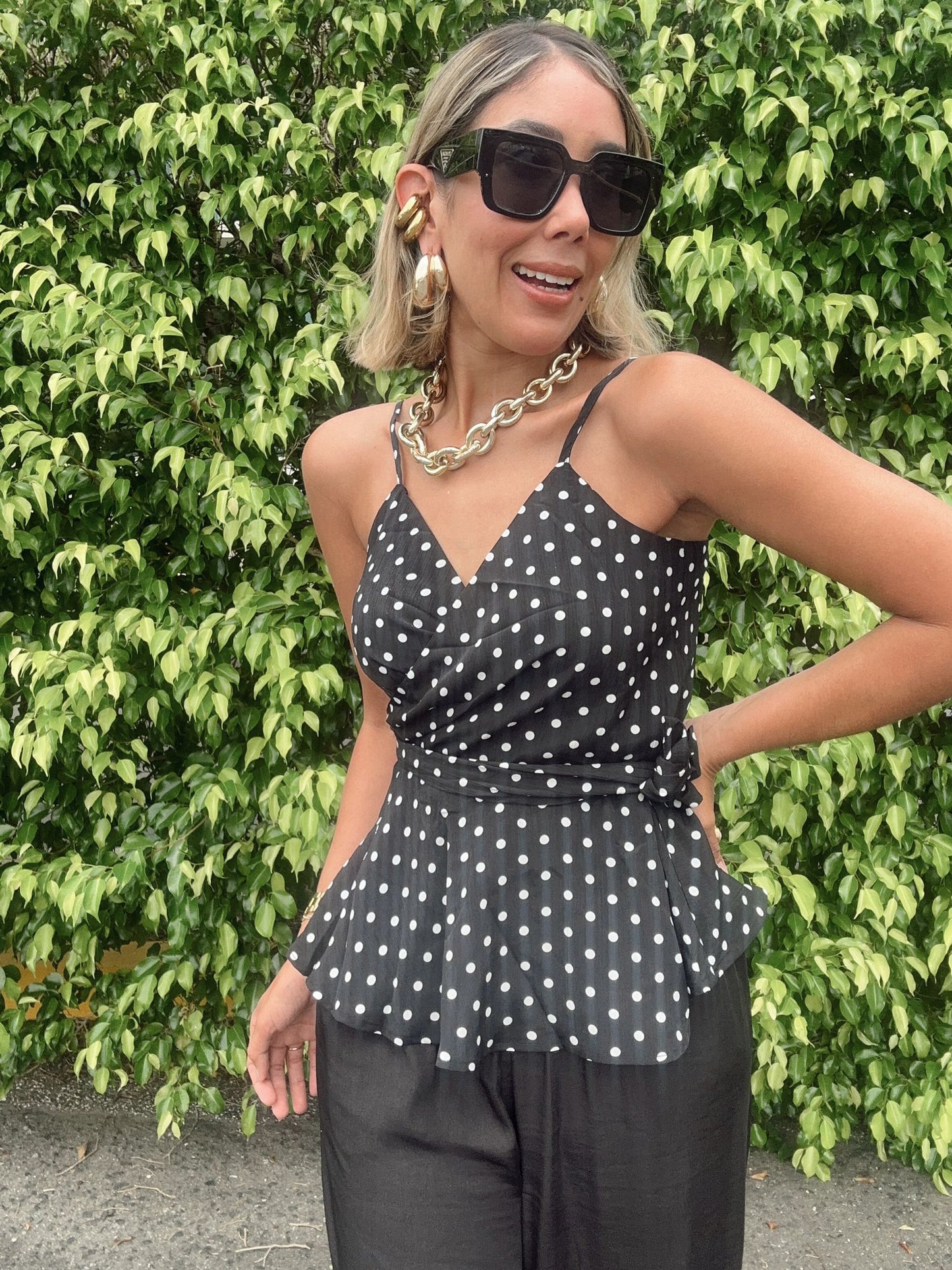 Polka Dot Spaghetti Strap Front Tie Top