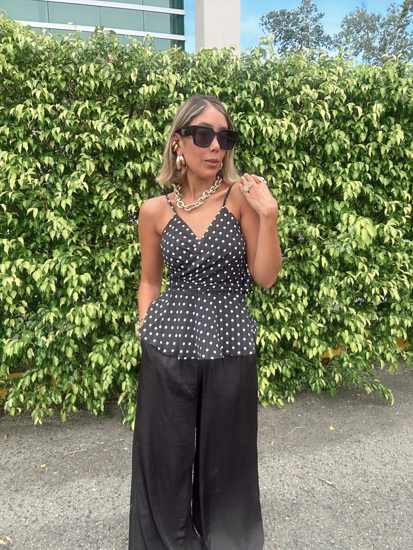 Polka Dot Spaghetti Strap Front Tie Top