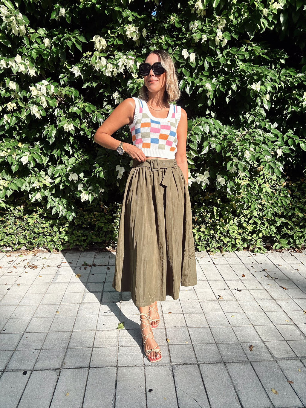 Olive Belted Pleated Maxi Skirt