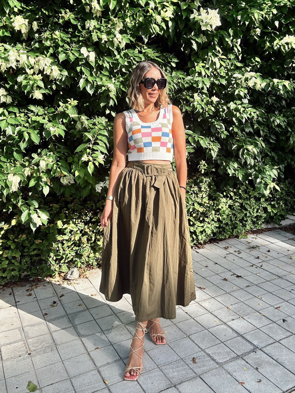 Olive Belted Pleated Maxi Skirt