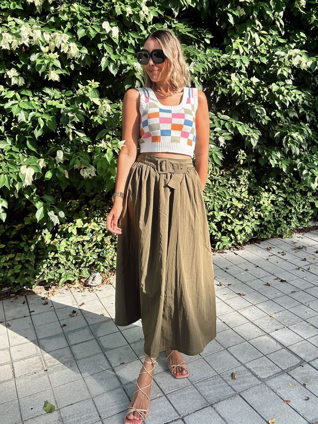 Olive Belted Pleated Maxi Skirt