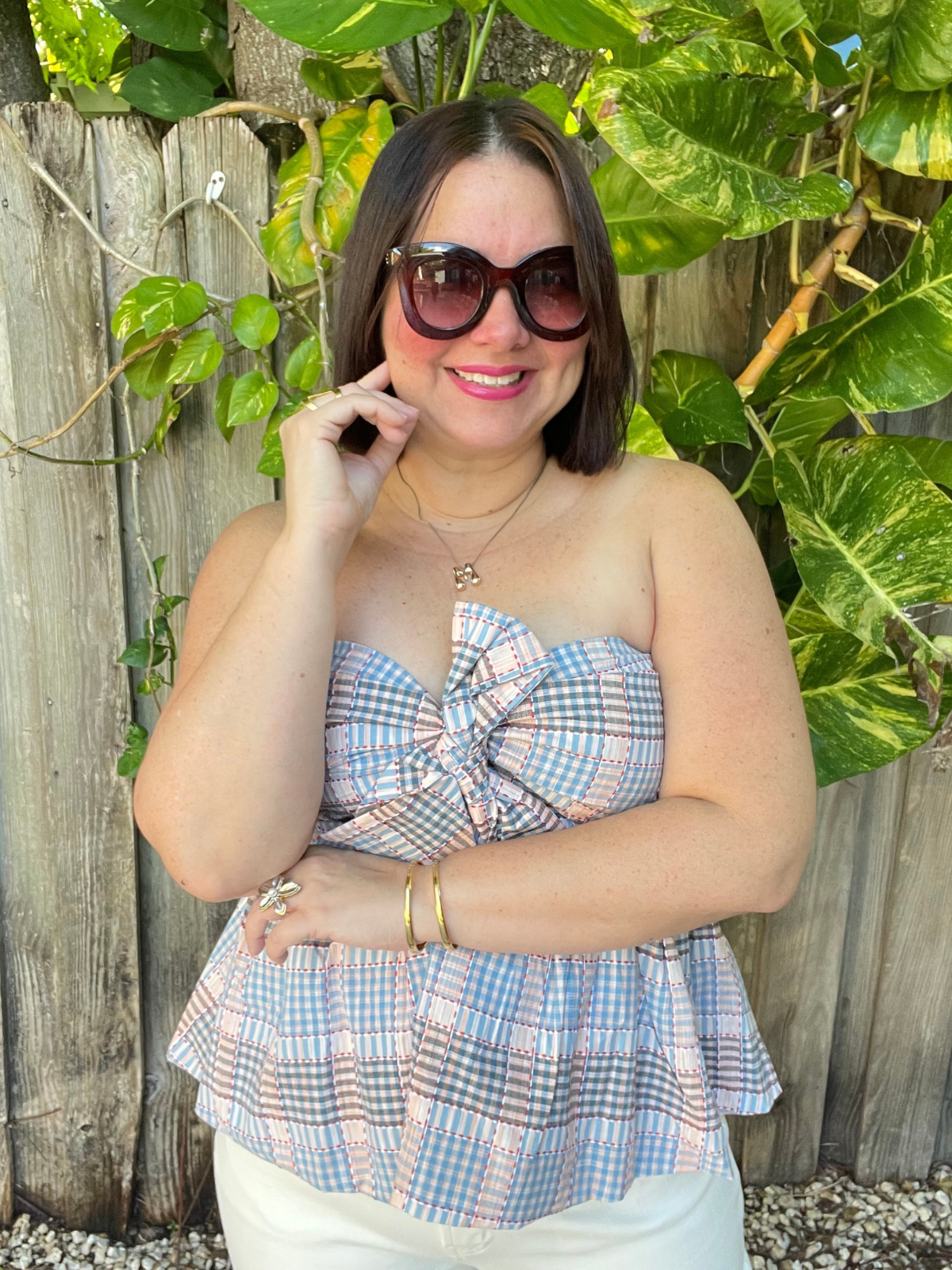 Strapless Plaid Peplum Bow Top