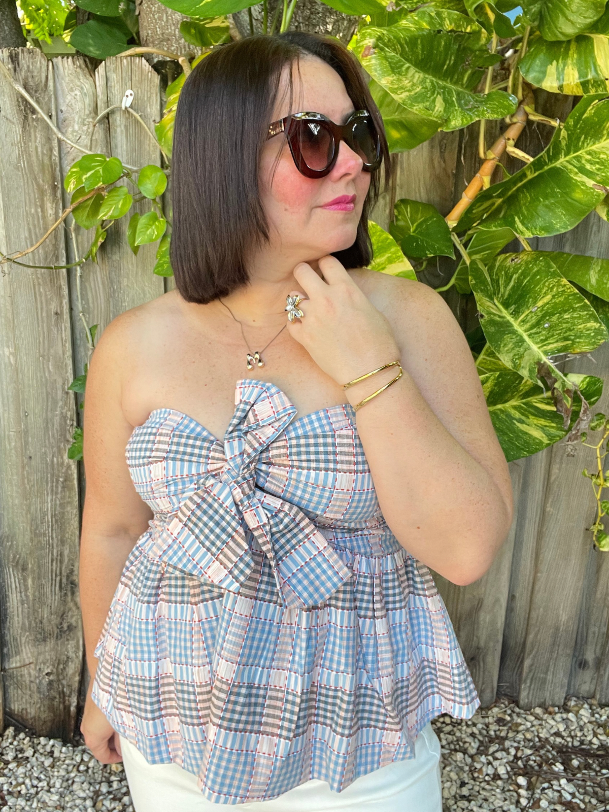 Strapless Plaid Peplum Bow Top