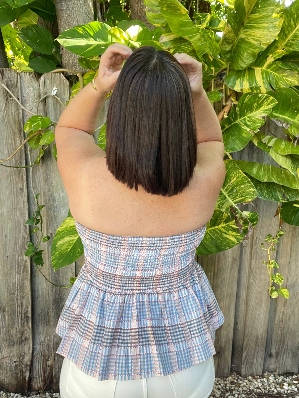 Strapless Plaid Peplum Bow Top