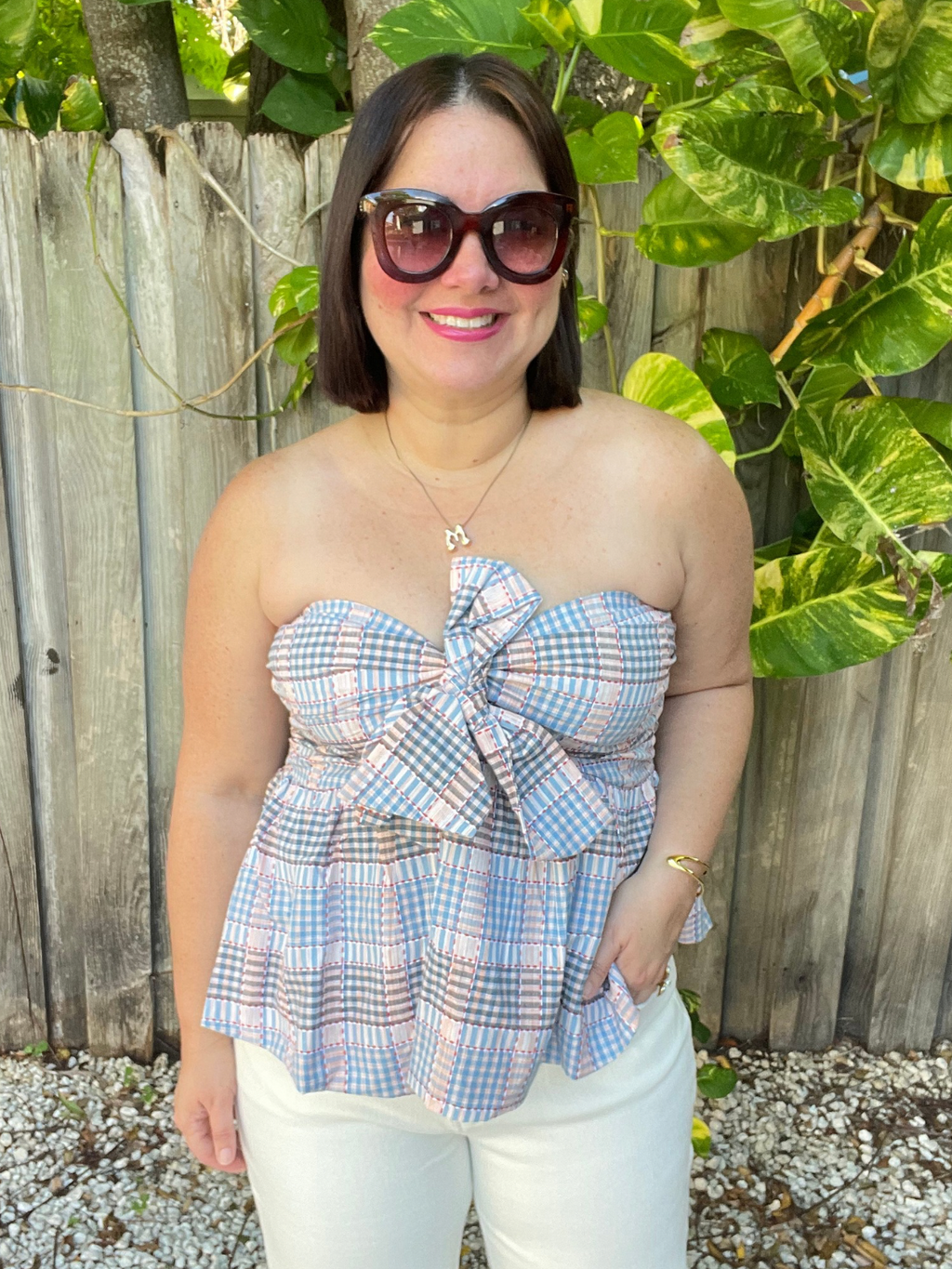 Strapless Plaid Peplum Bow Top