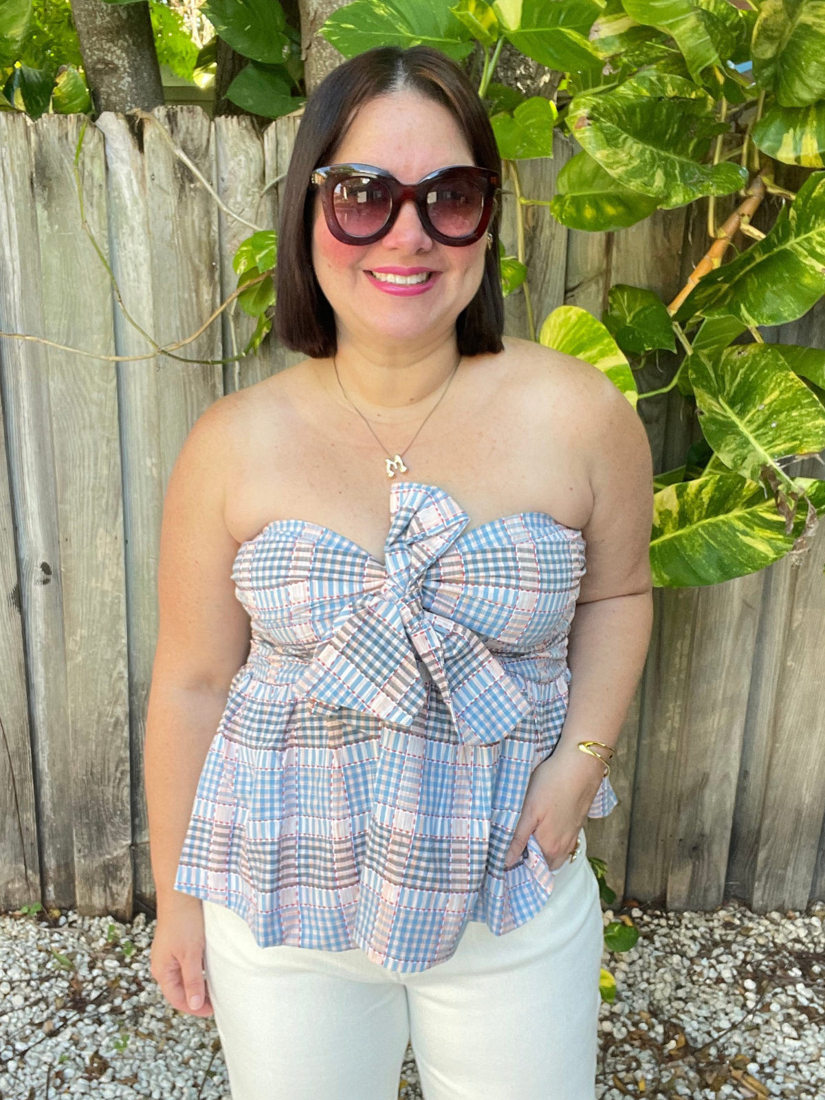 Strapless Plaid Peplum Bow Top