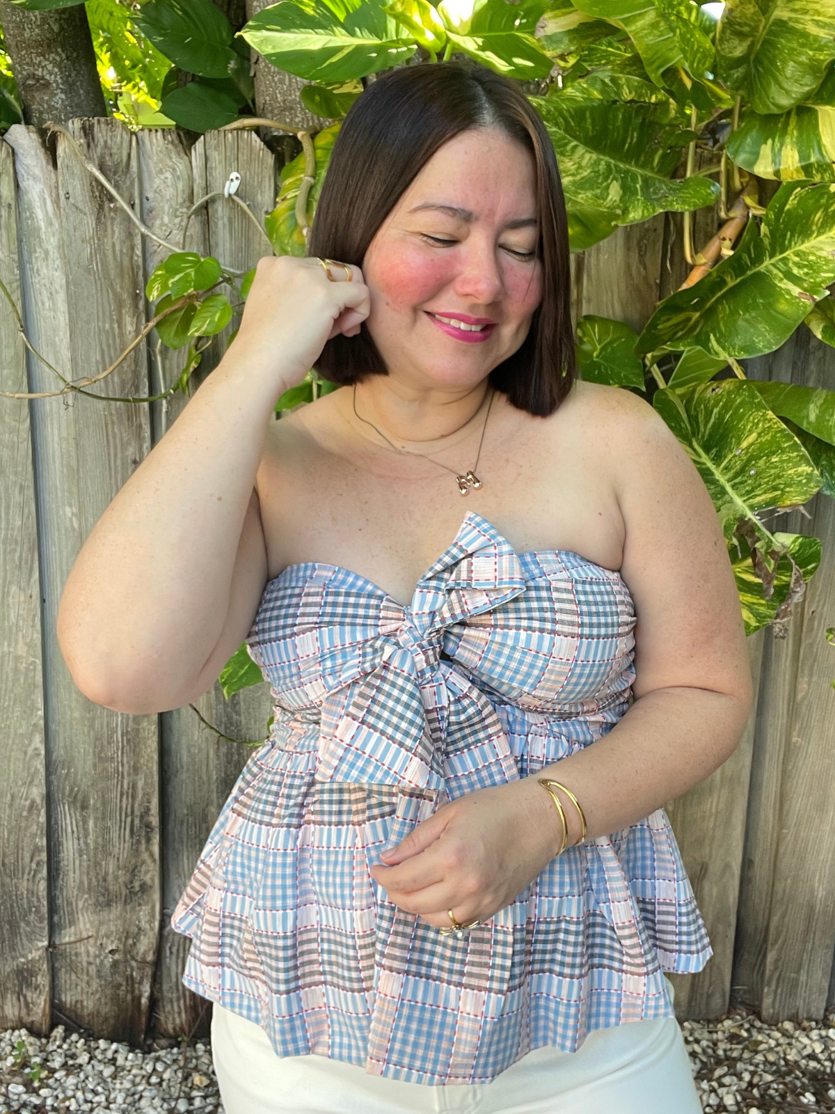 Strapless Plaid Peplum Bow Top