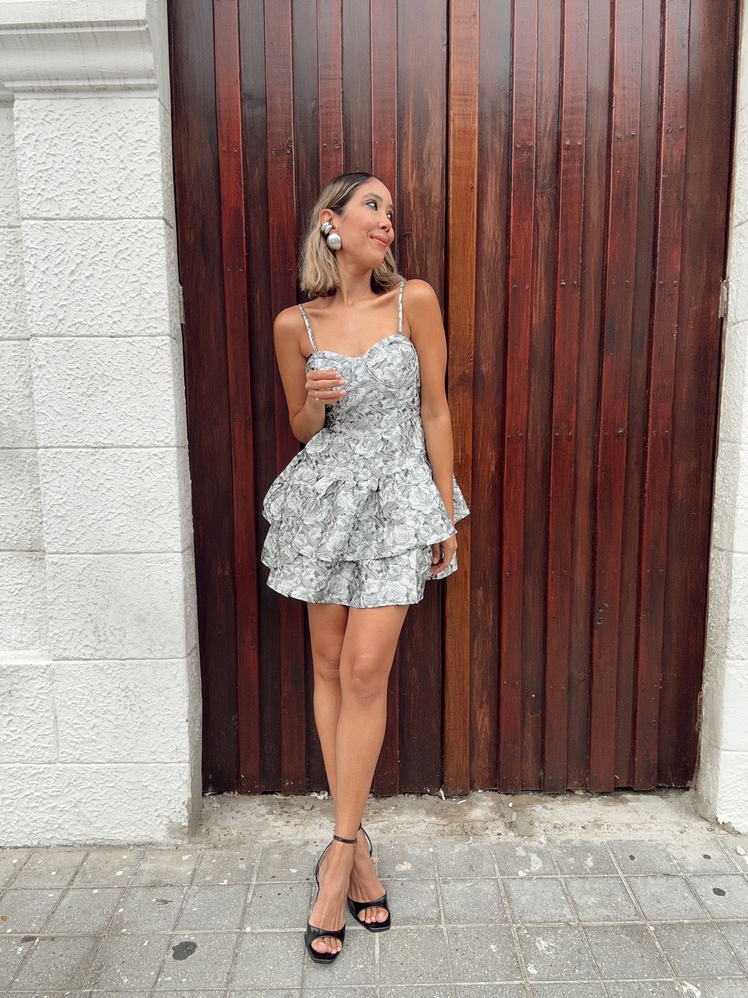 Silver Bloom Jacquard Mini Dress