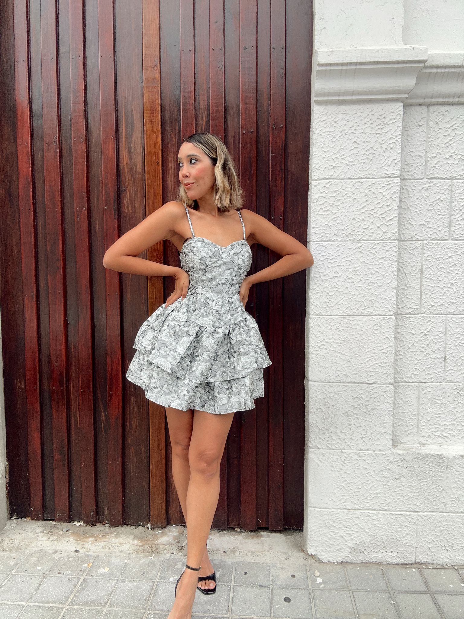 Silver Bloom Jacquard Mini Dress
