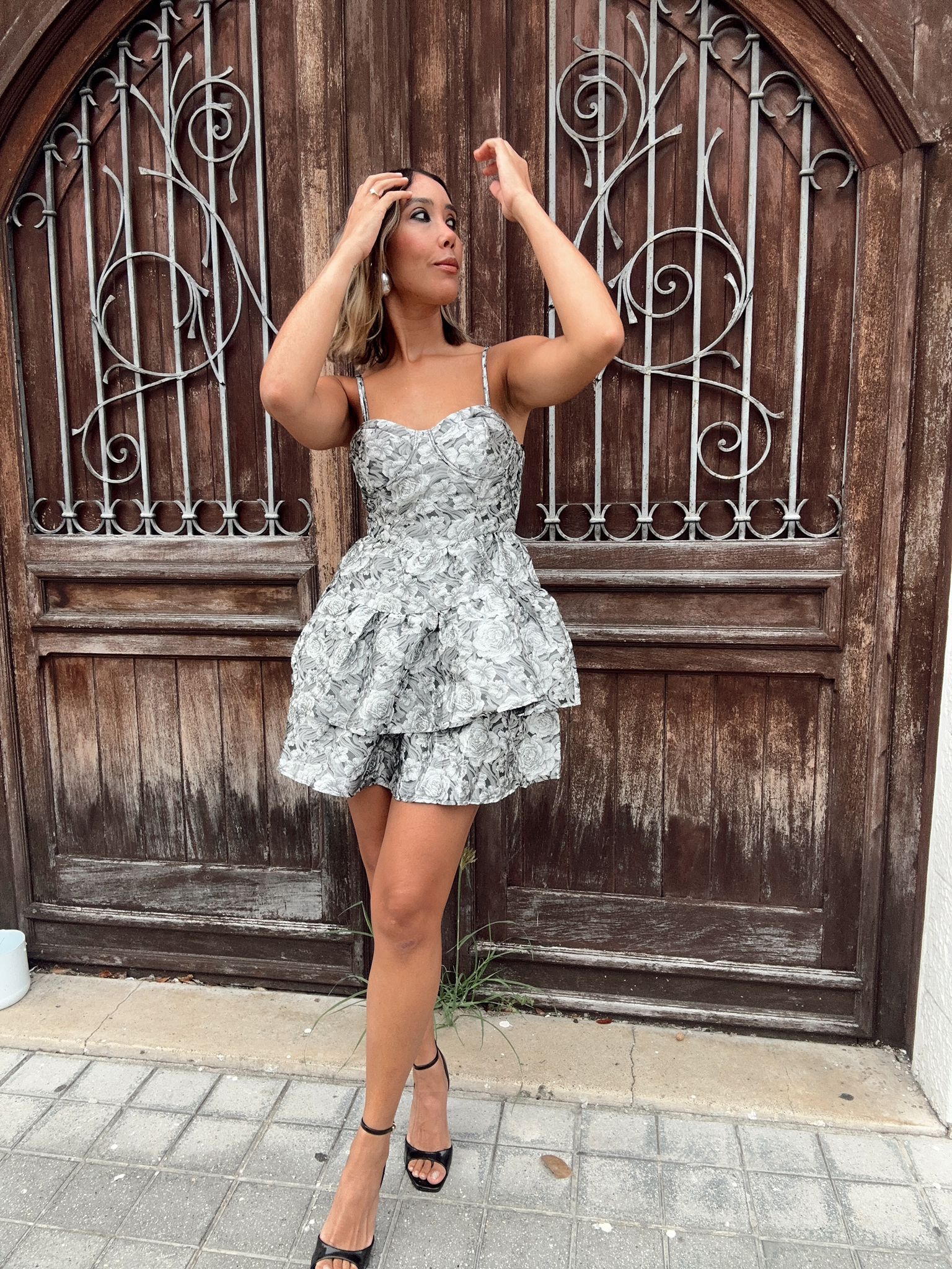 Silver Bloom Jacquard Mini Dress