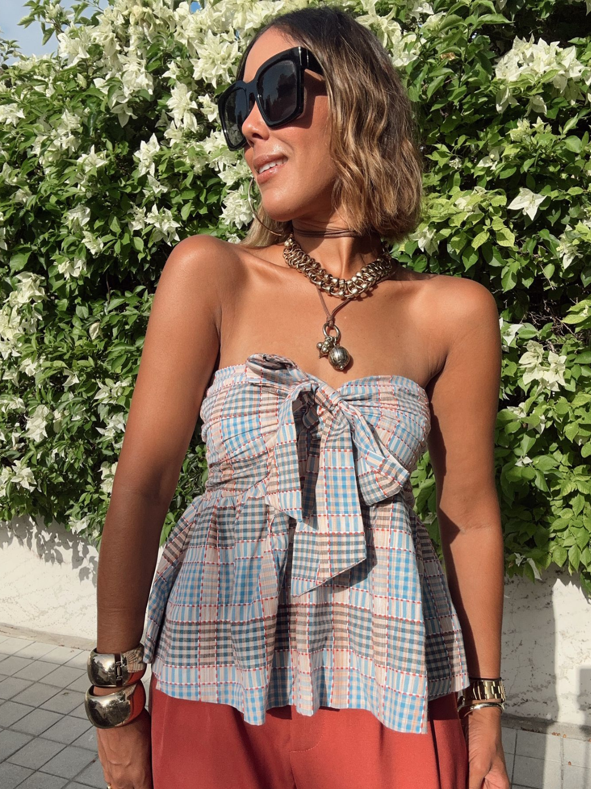 Strapless Plaid Peplum Bow Top
