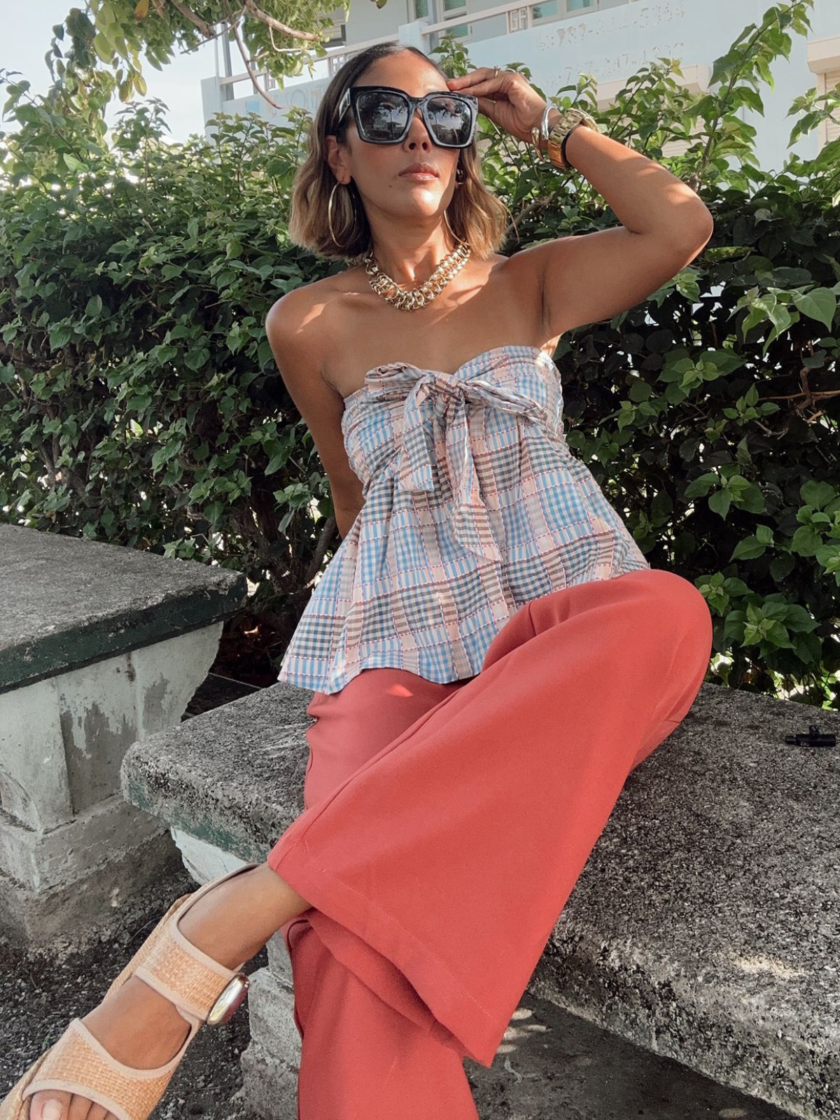 Strapless Plaid Peplum Bow Top