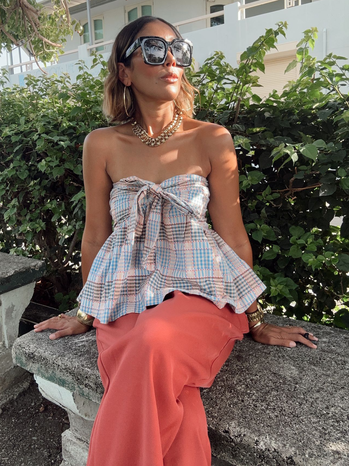 Strapless Plaid Peplum Bow Top