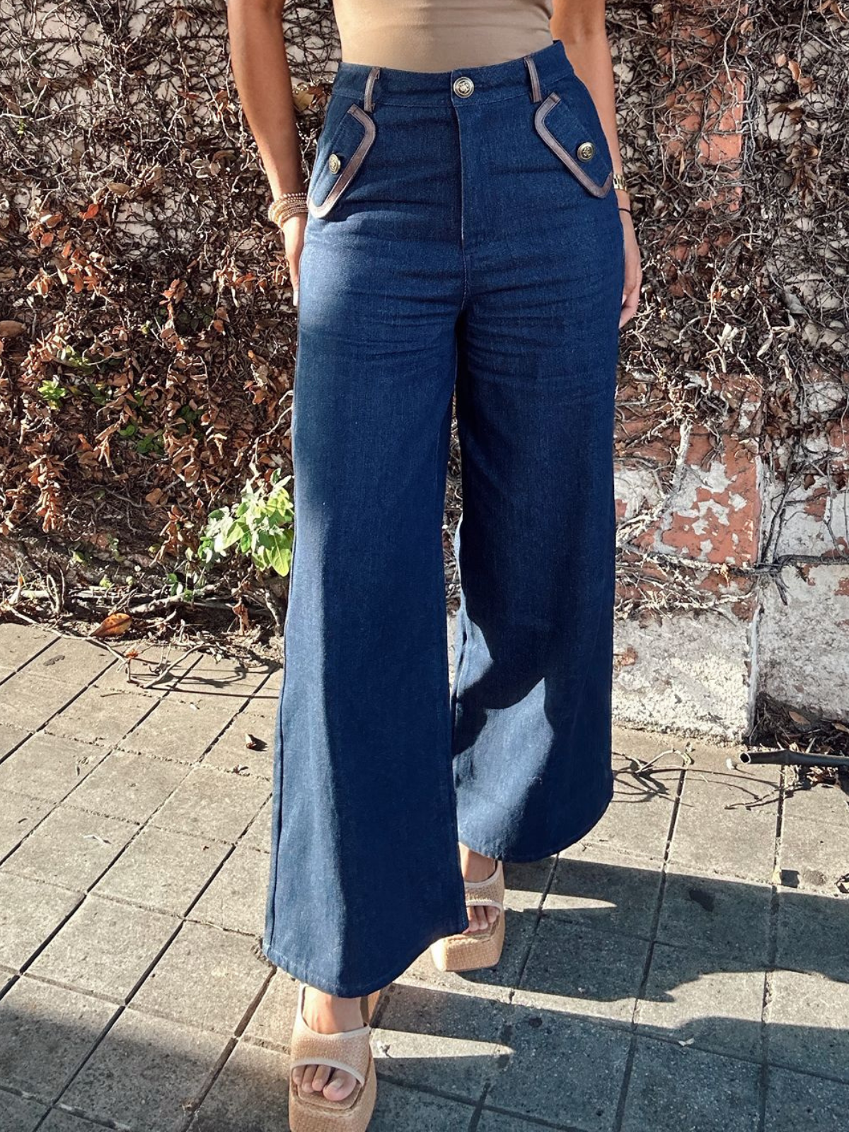 Brielle Wide-Leg Denim Trousers PU Leather Trim