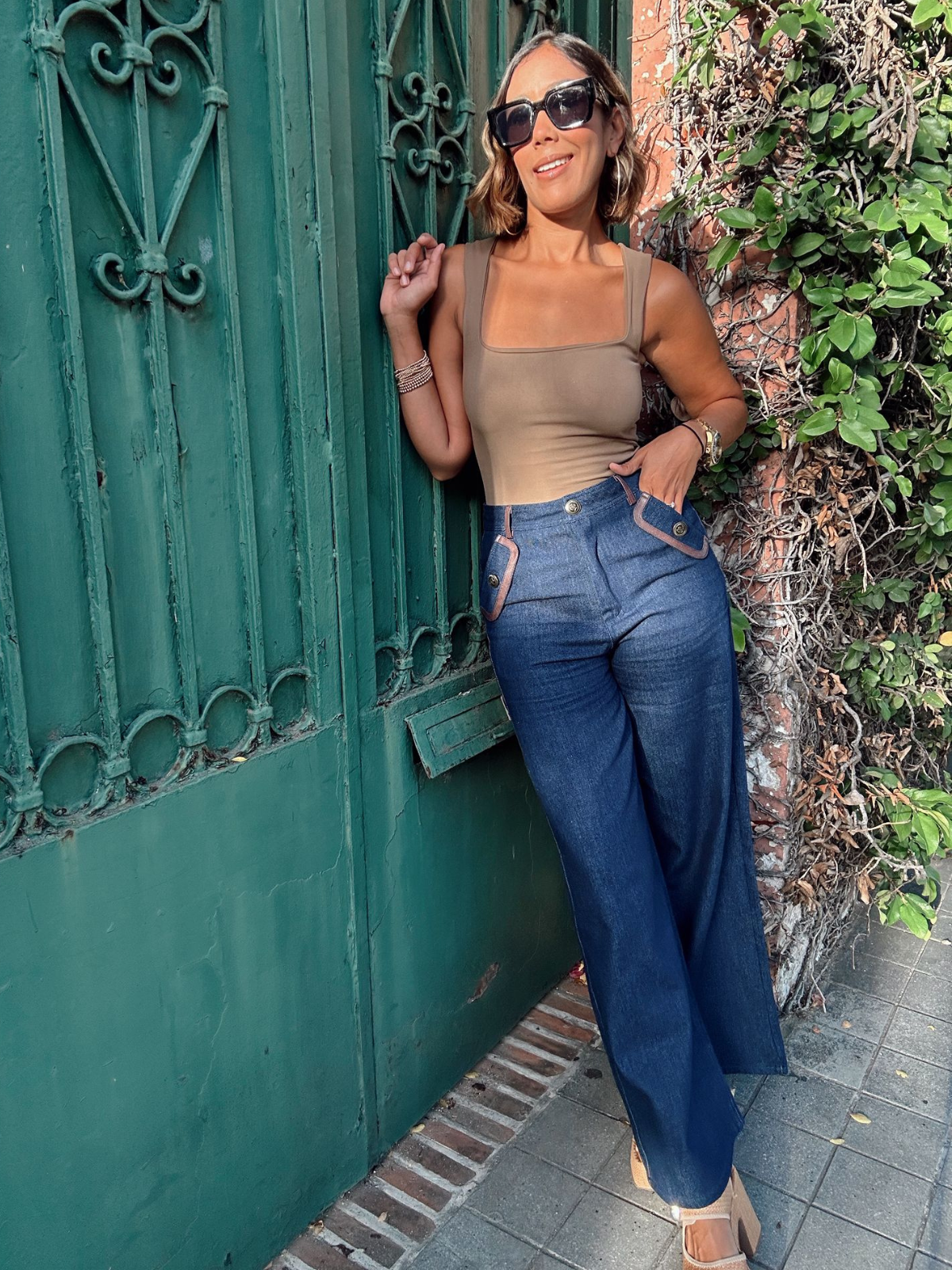 Brielle Wide-Leg Denim Trousers PU Leather Trim