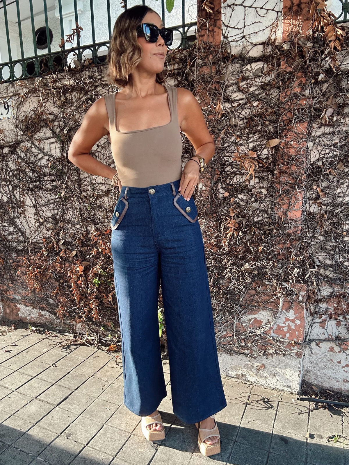 Brielle Wide-Leg Denim Trousers PU Leather Trim