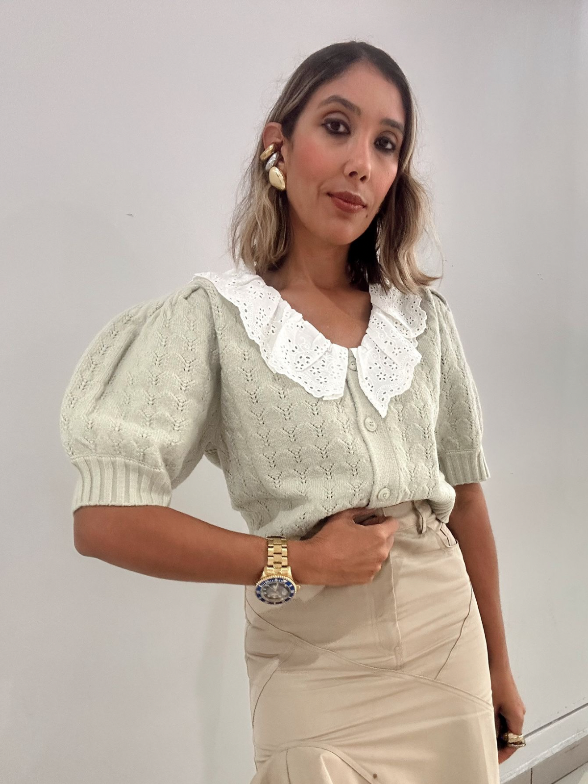 Lace Collar Pointelle Knit Cardigan