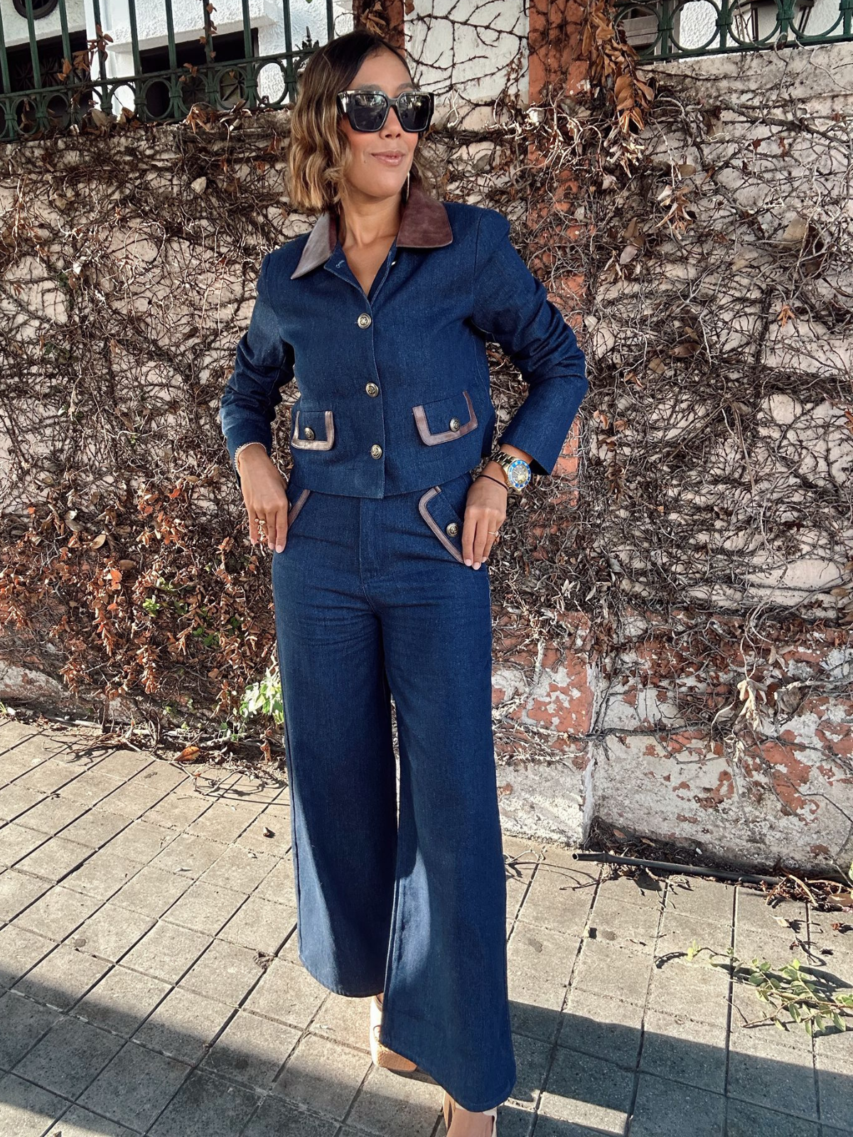 Brielle Wide-Leg Denim Trousers PU Leather Trim