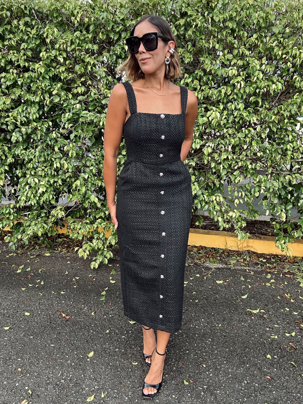 Buttoned Up Elegance Tweed Midi Dress
