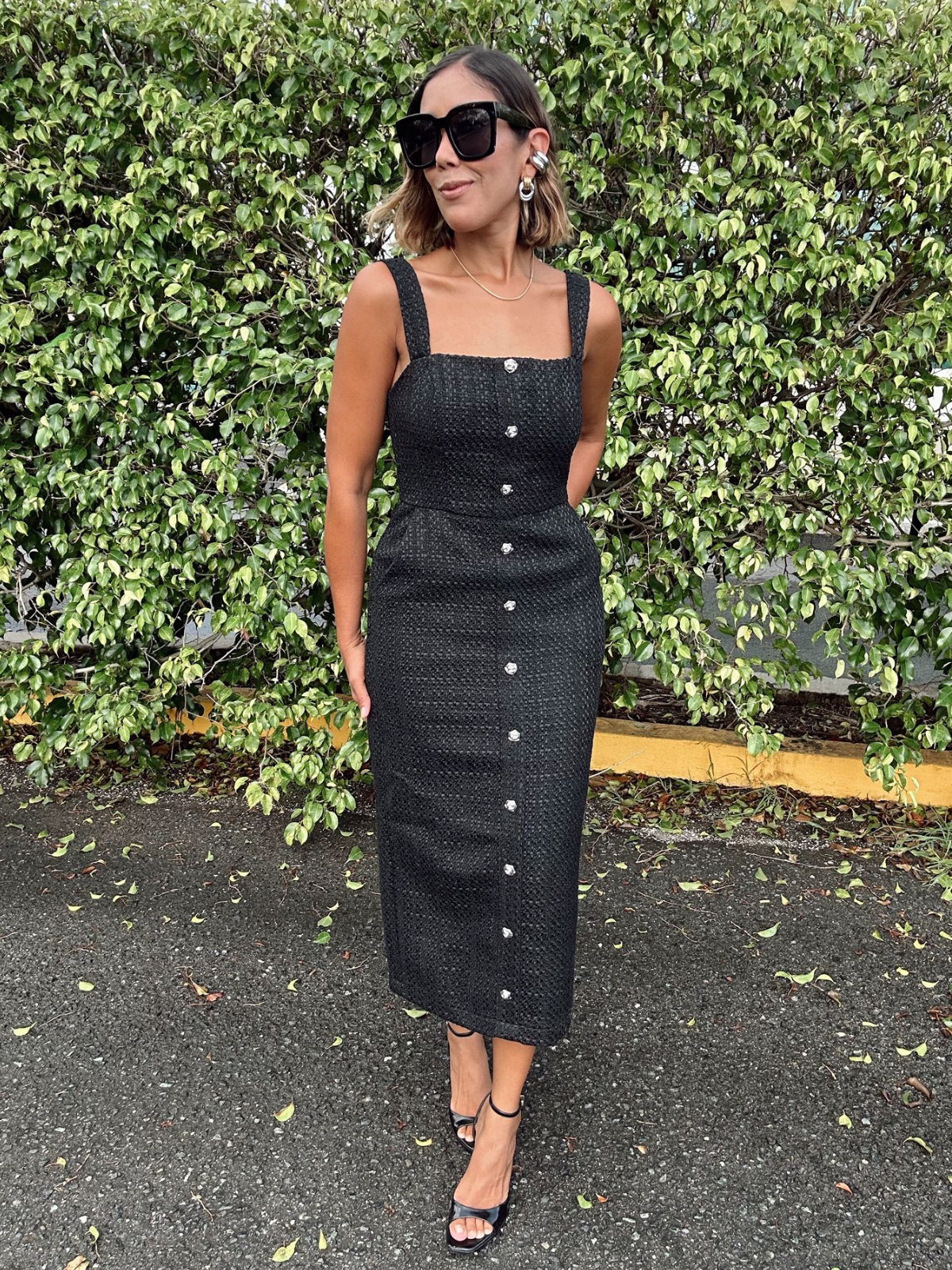 Buttoned Up Elegance Tweed Midi Dress