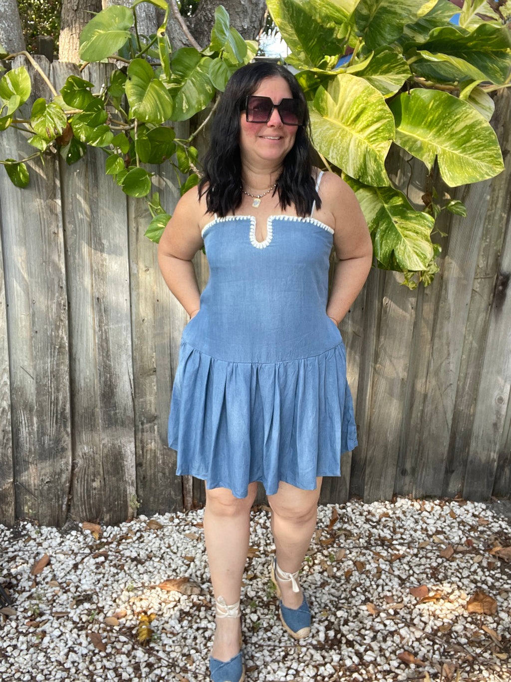 Denim Contrasting White Stitch Detail Dress