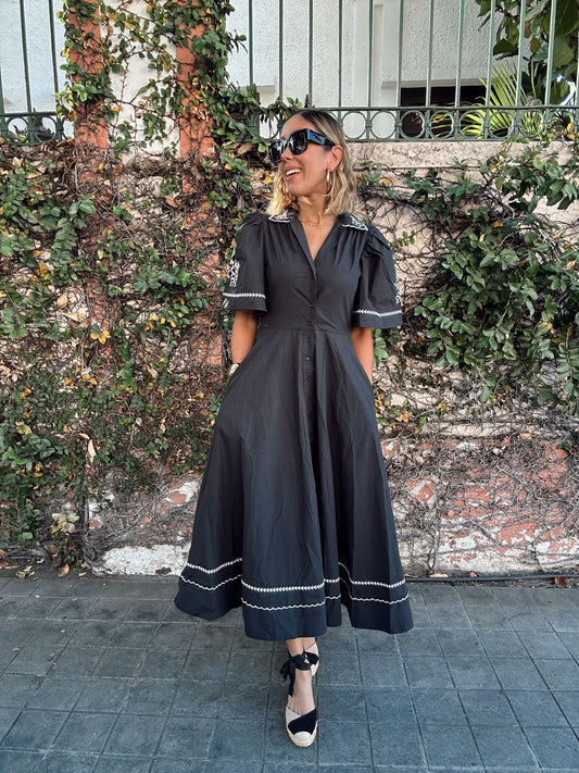 Brittany Floral Embroidery Button-Down Midi Dress