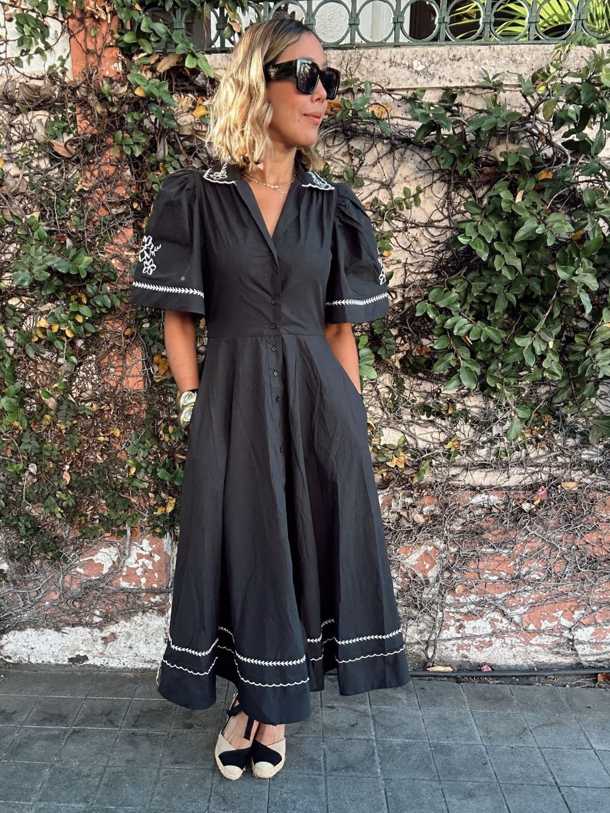 Brittany Floral Embroidery Button-Down Midi Dress