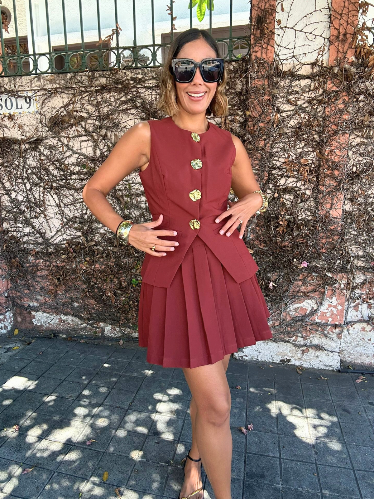 Luxe Gold Button Peplum Vest and Mini Skirt Set