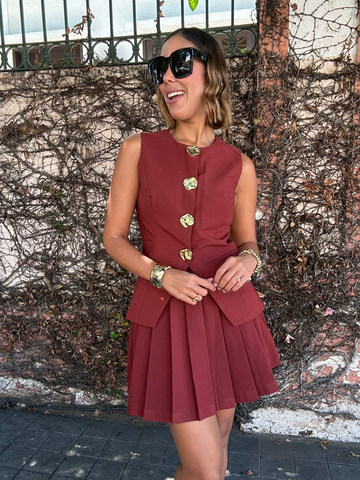 Luxe Gold Button Peplum Vest and Mini Skirt Set