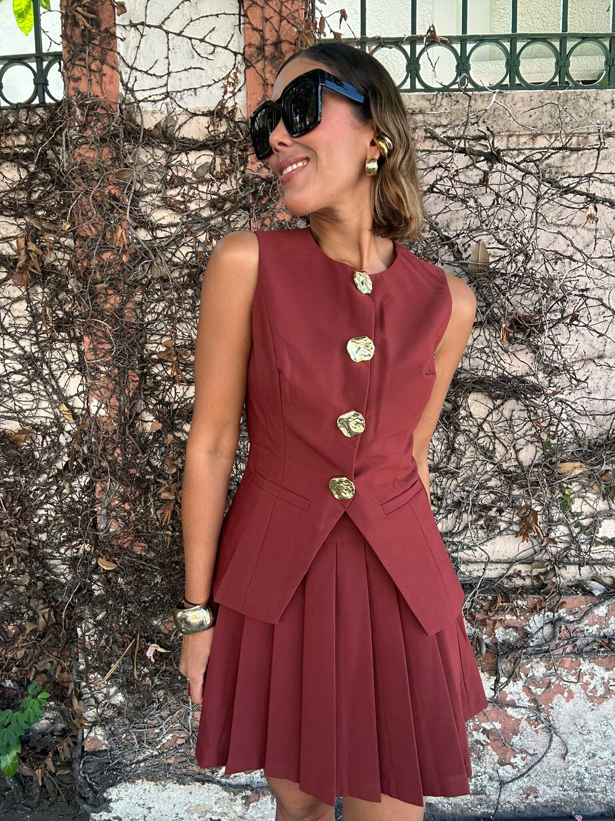 Luxe Gold Button Peplum Vest and Mini Skirt Set