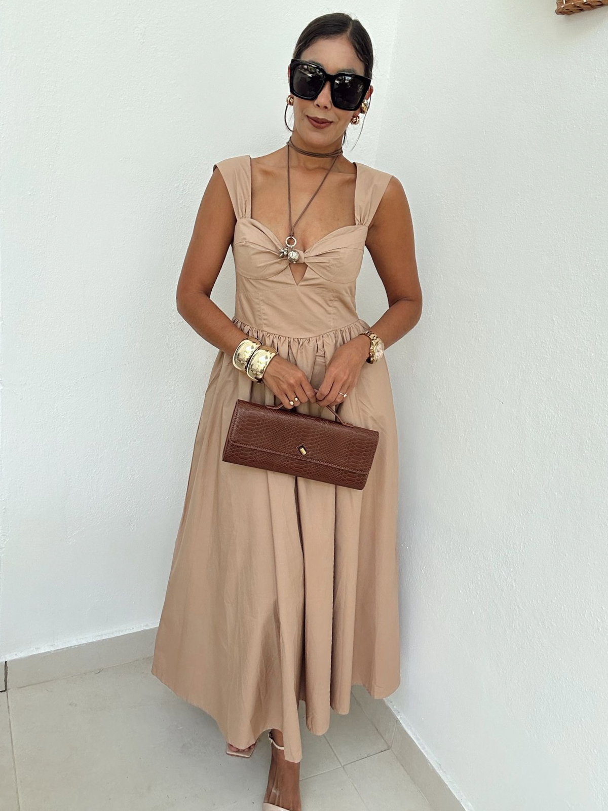 Mocha Sweetheart Bow Midi Dress