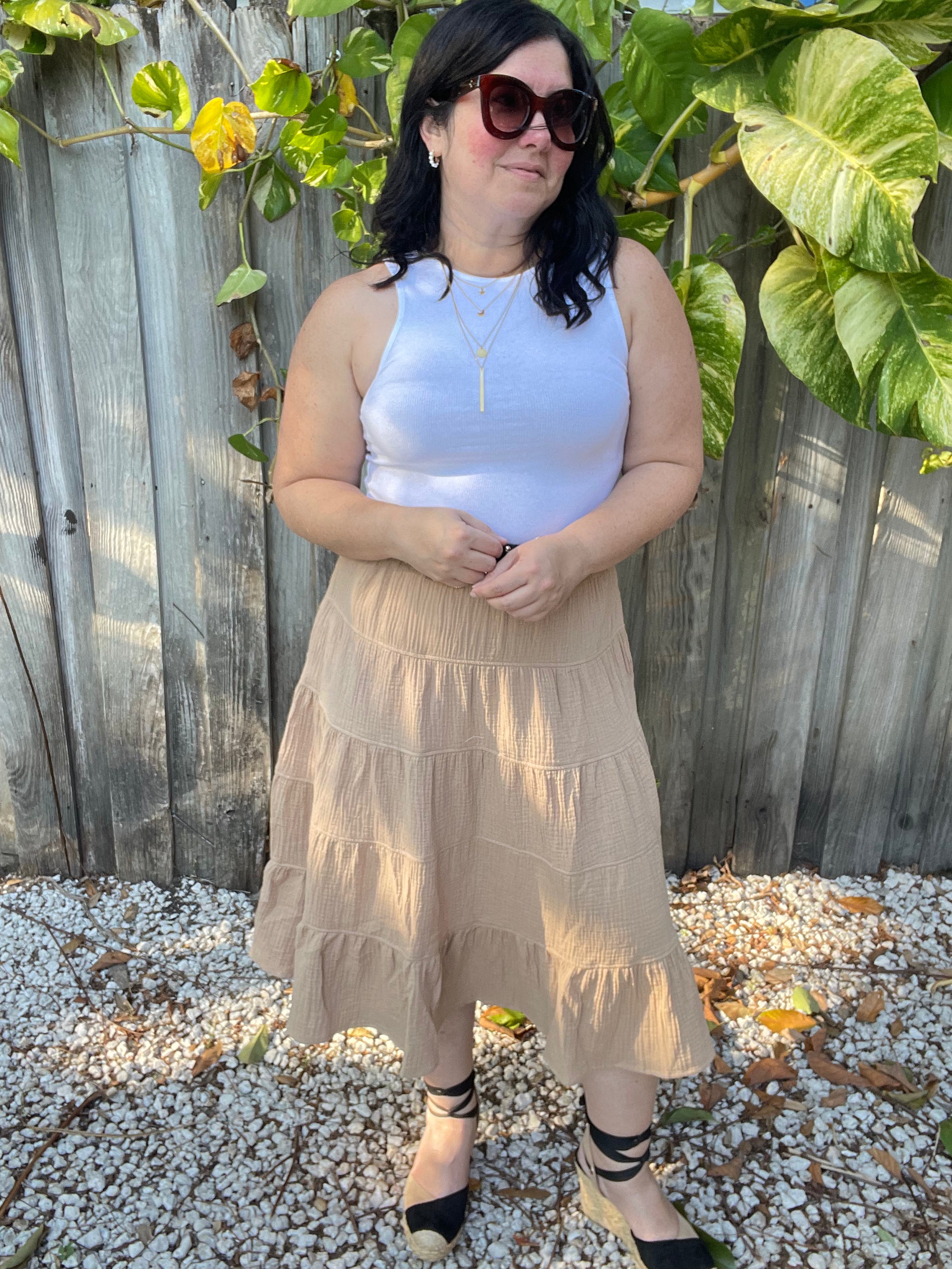 Boho Charm Double Gauze High Waist Tiered Midi Skirt