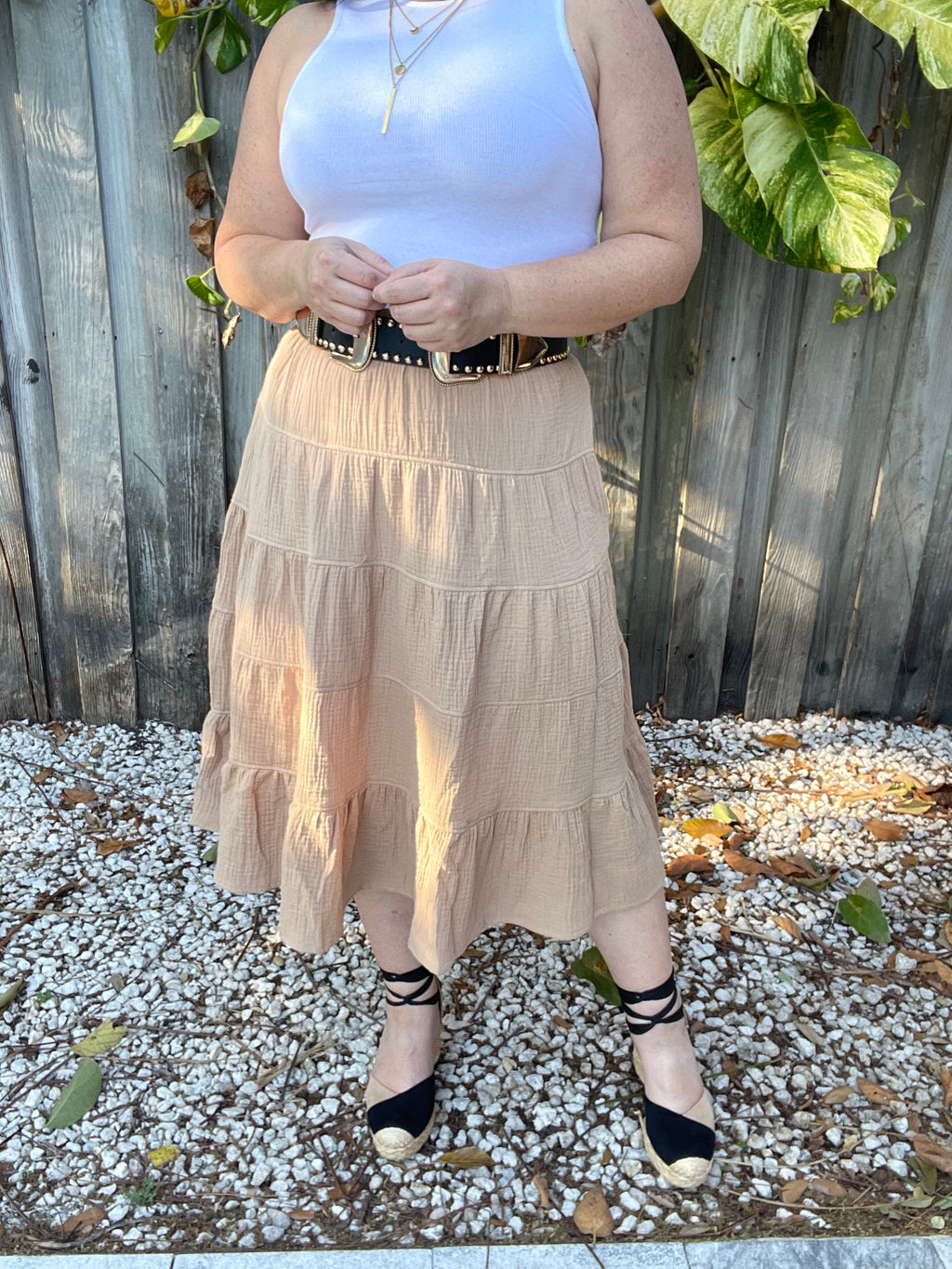 Boho Charm Double Gauze High Waist Tiered Midi Skirt