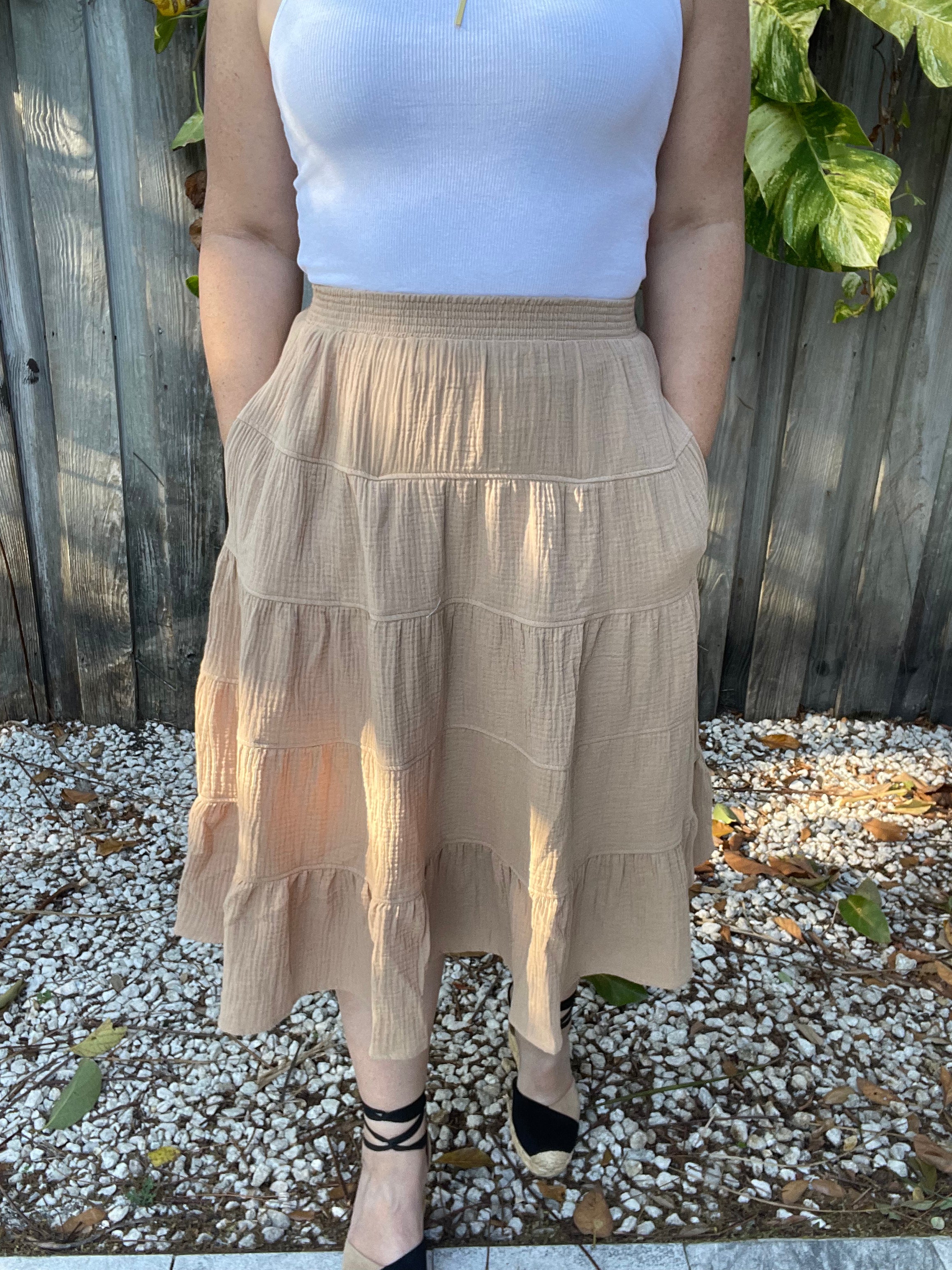 Boho Charm Double Gauze High Waist Tiered Midi Skirt