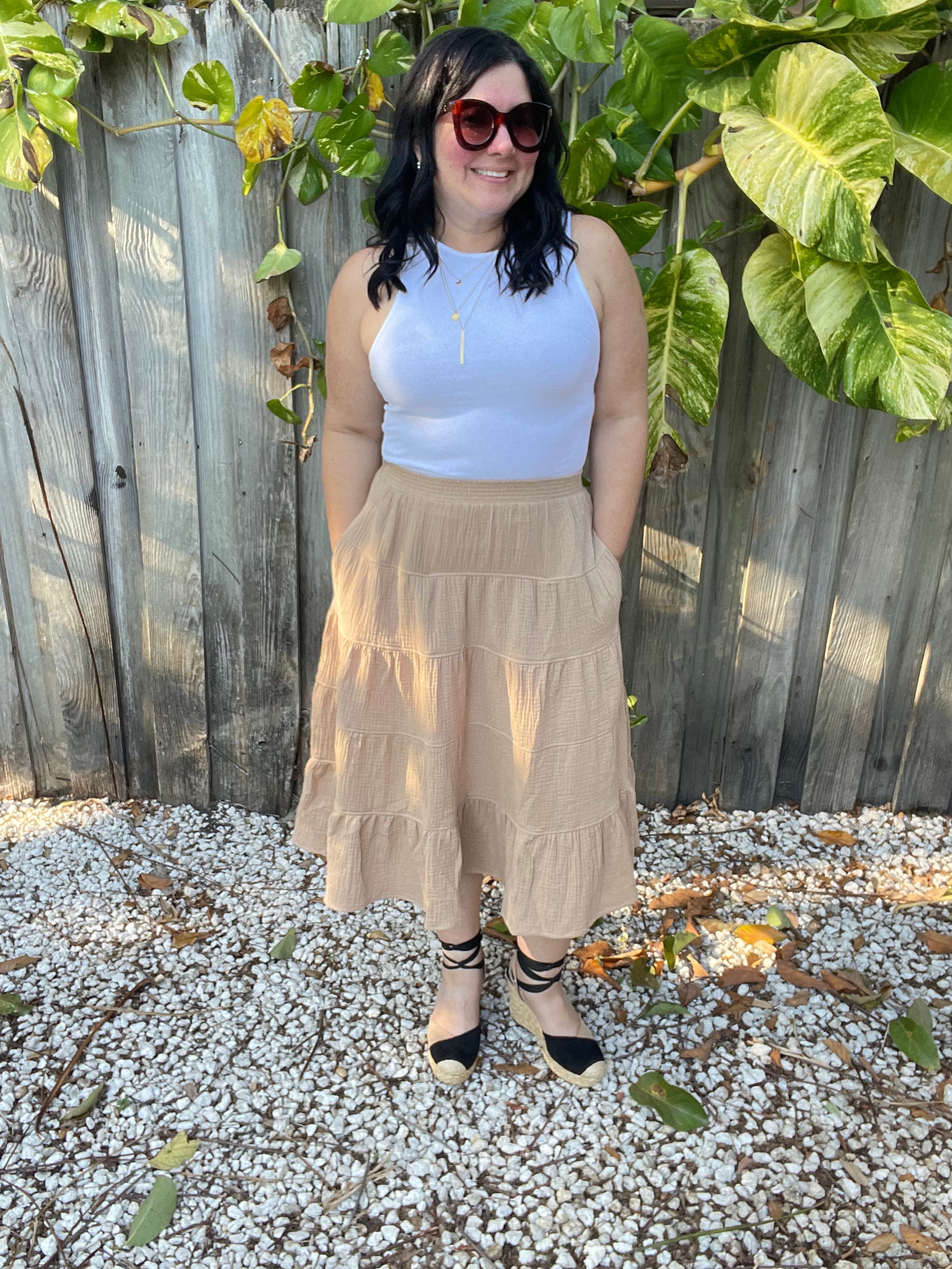 Boho Charm Double Gauze High Waist Tiered Midi Skirt