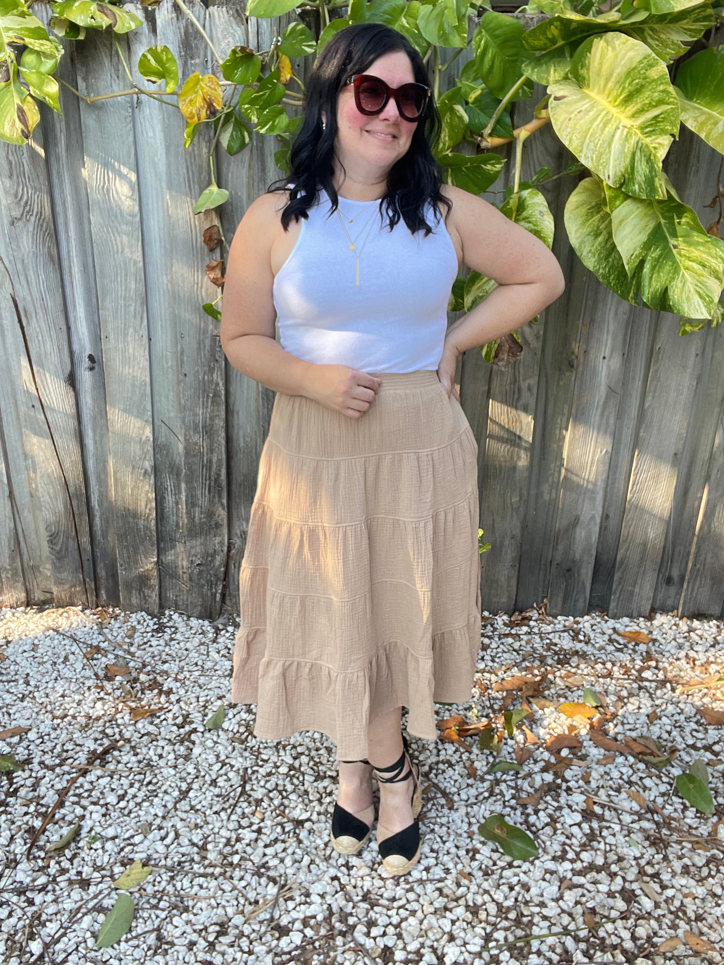 Boho Charm Double Gauze High Waist Tiered Midi Skirt