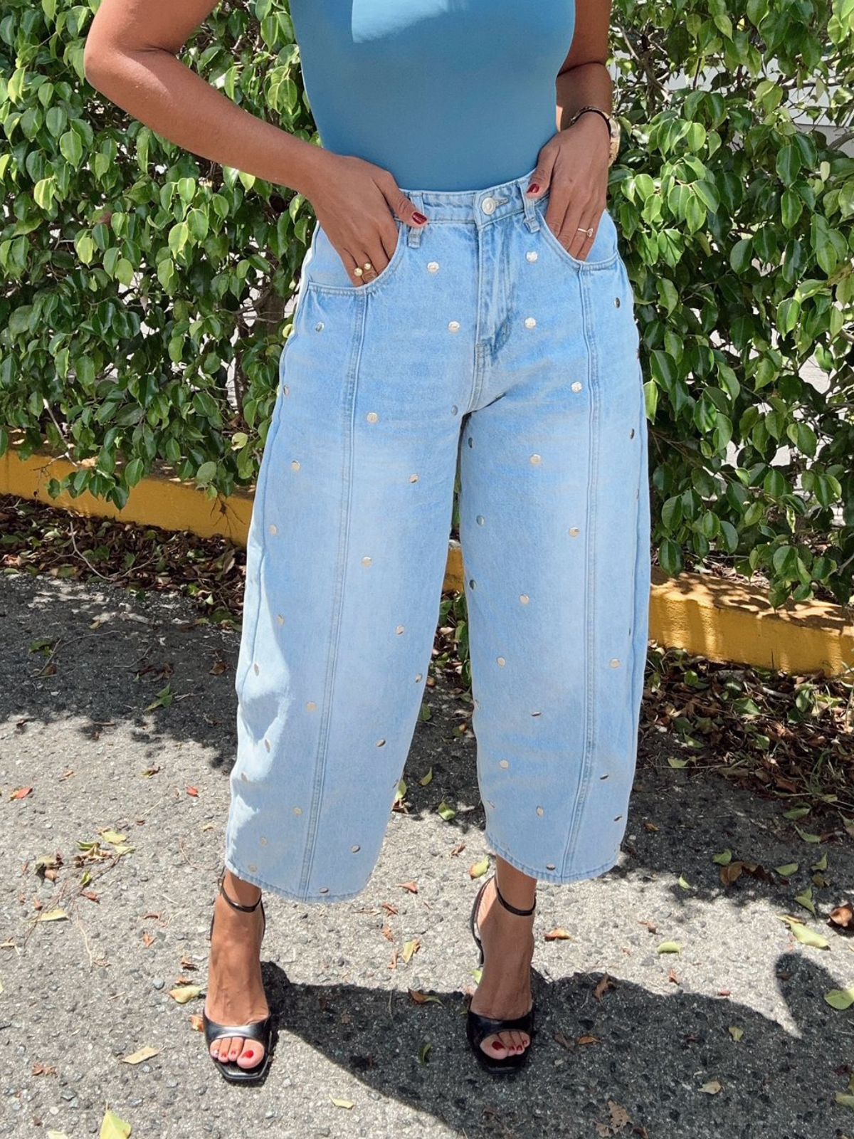 Studded Barrel Denim Pants