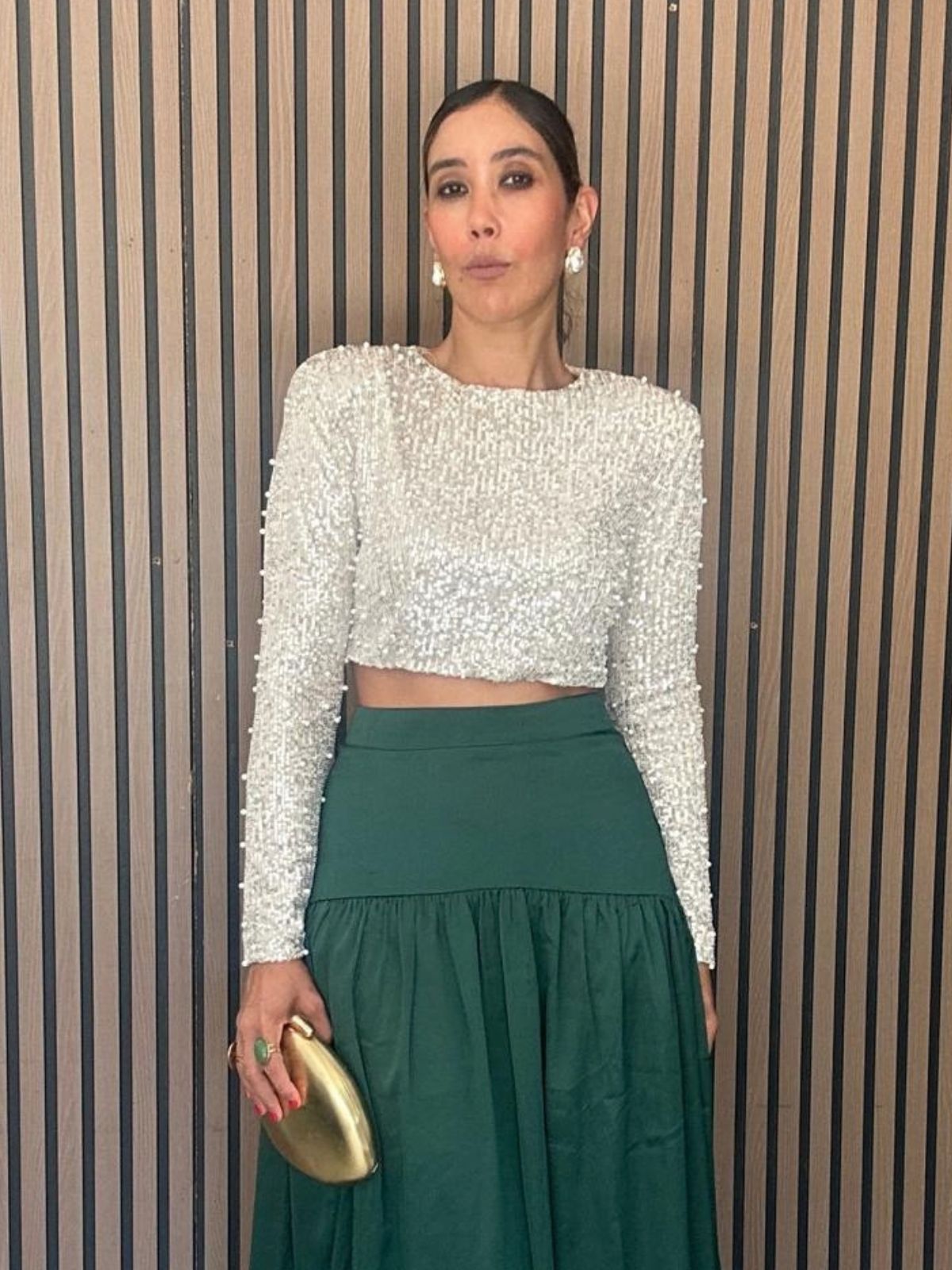 Sequin and Pearl Shoulder Pad Crop Top