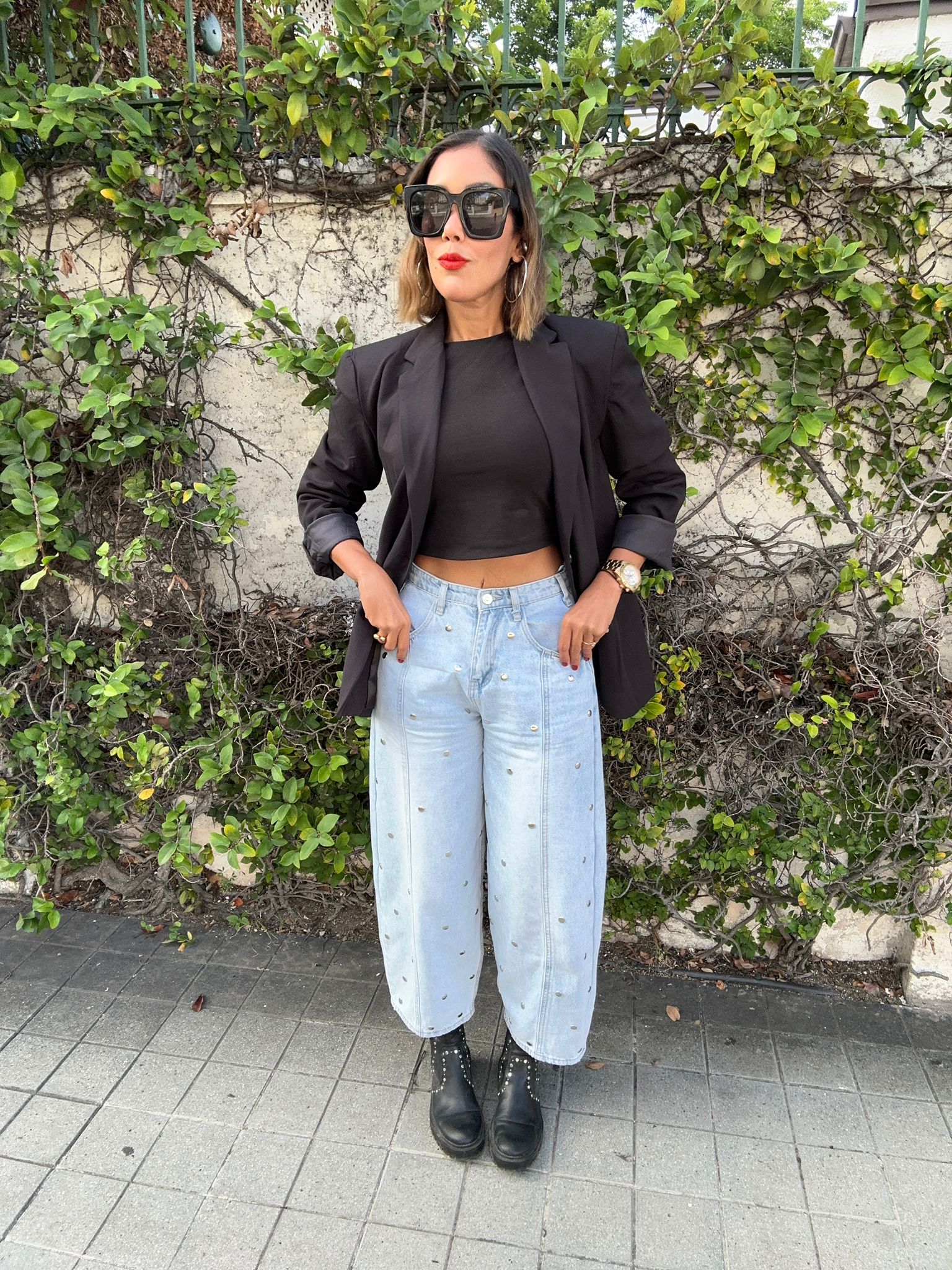 Studded Barrel Denim Pants