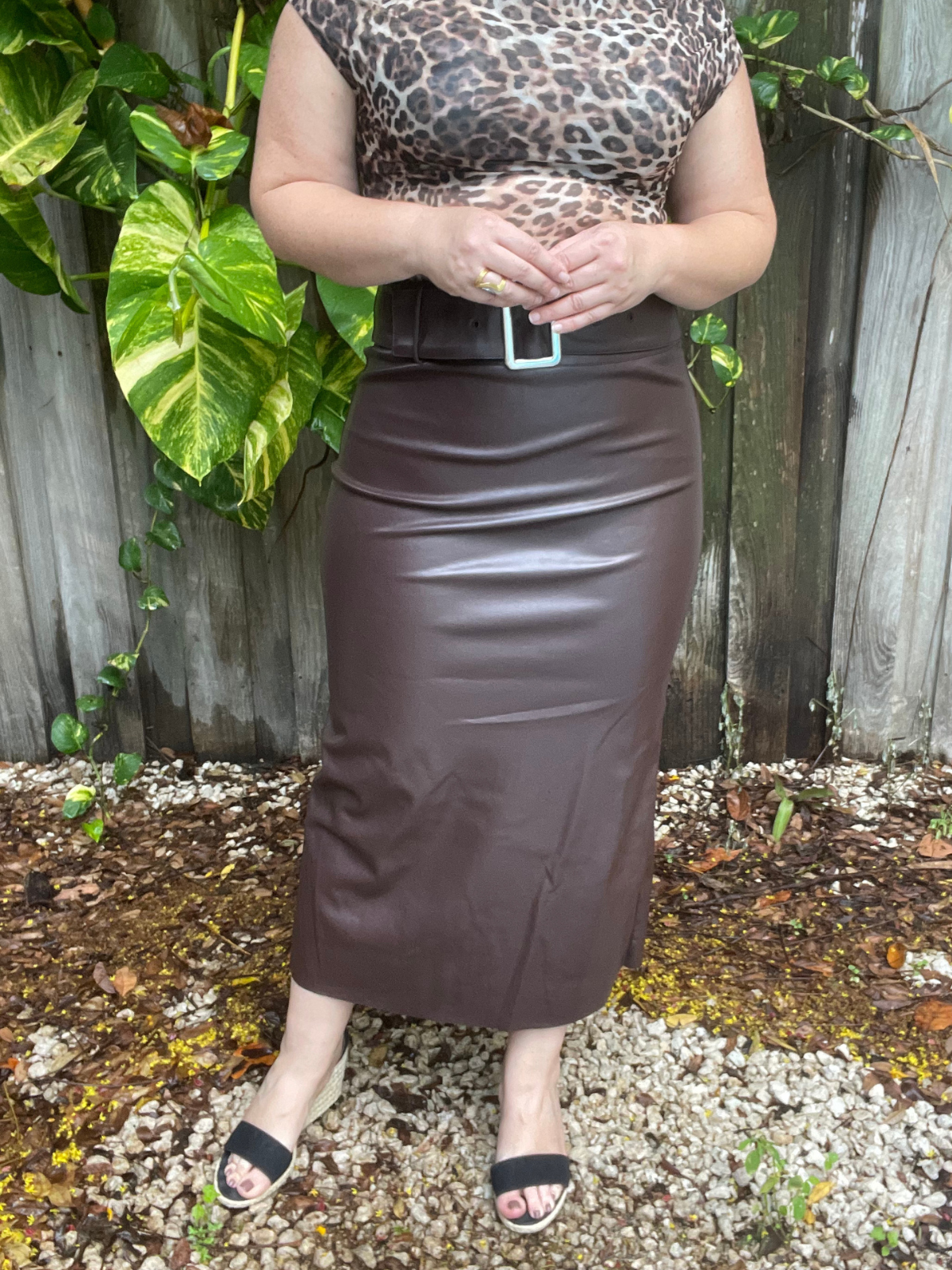 Social Club Faux Leather Buckle Slit Skirt