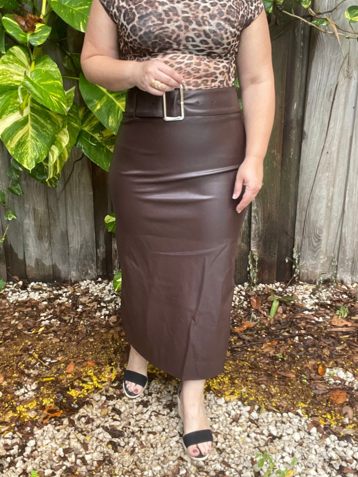 Social Club Faux Leather Buckle Slit Skirt