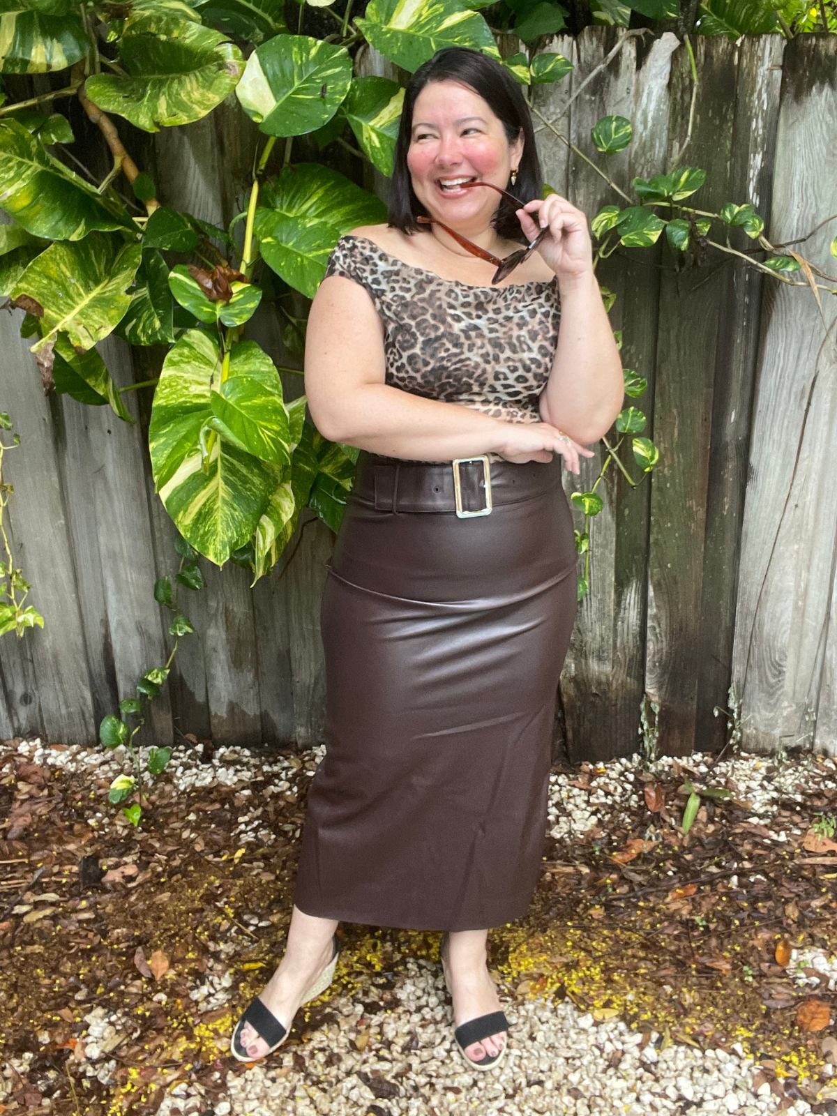 Social Club Faux Leather Buckle Slit Skirt