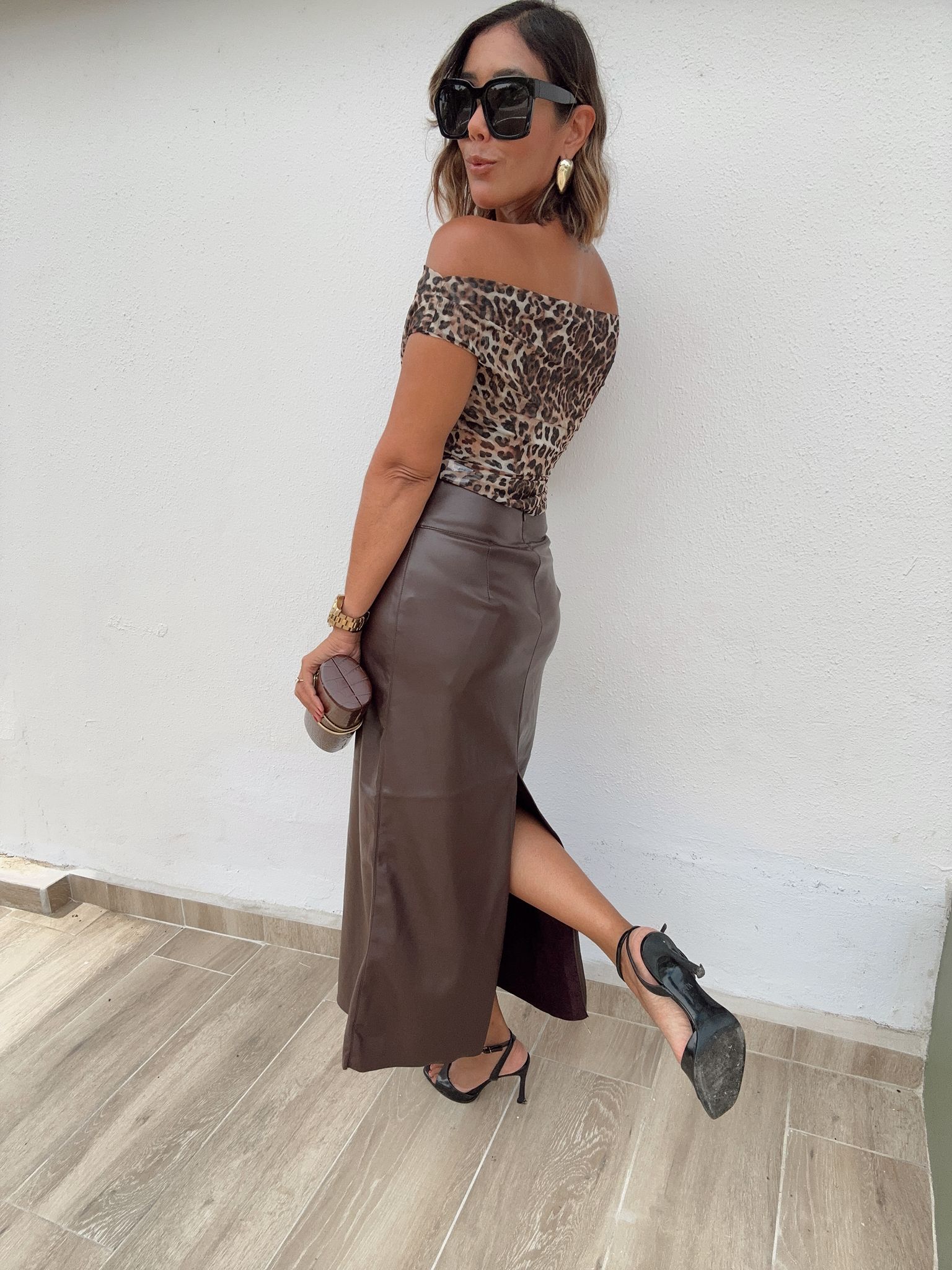 Social Club Faux Leather Buckle Slit Skirt