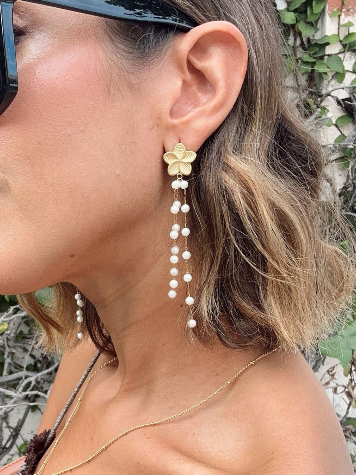 Thalina 18K Gold Non-Tarnish Flower Pearl Dangle Earrings