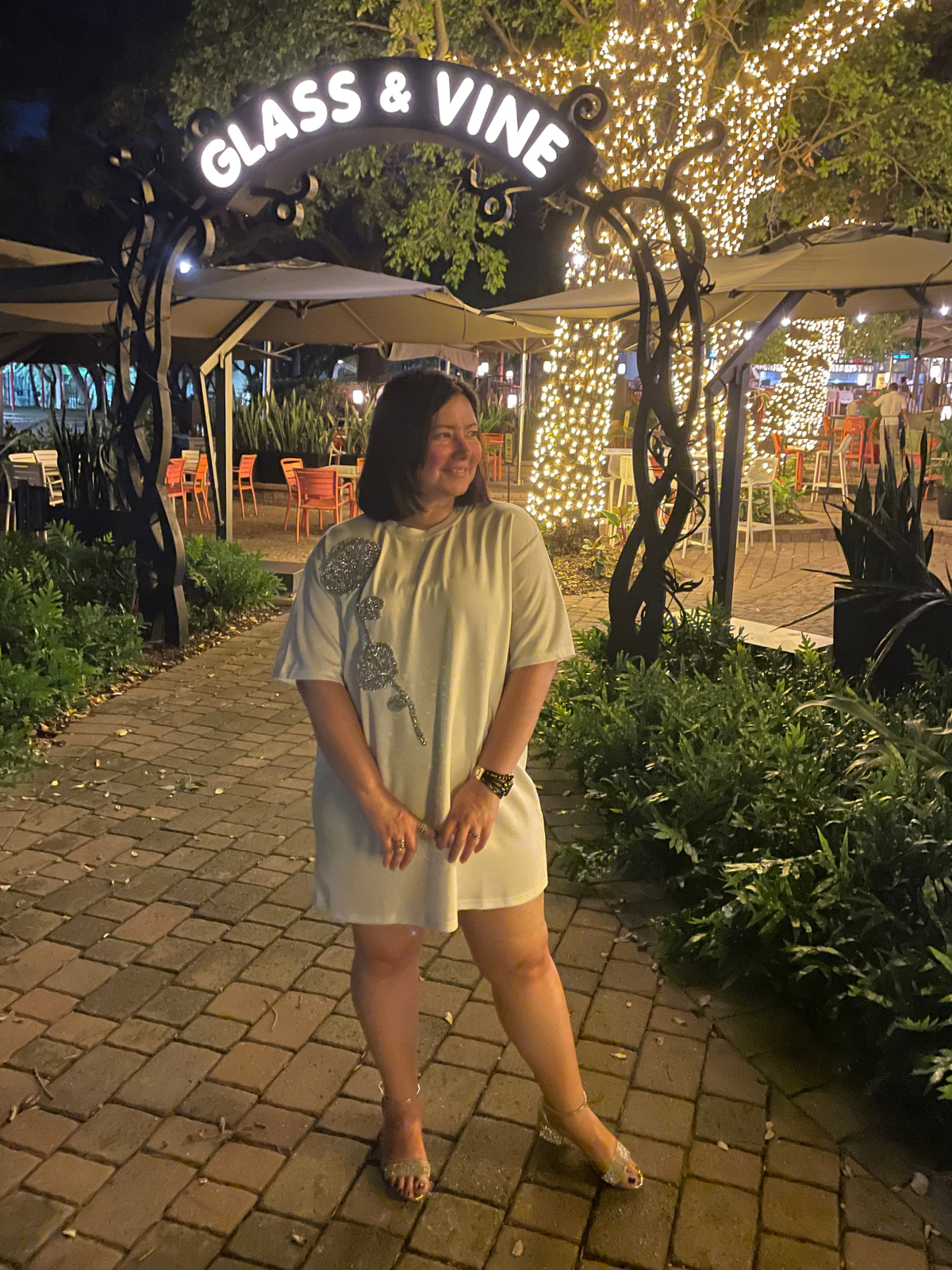 Rhinestone Beaded Flower Embellished T-Shirt Dress