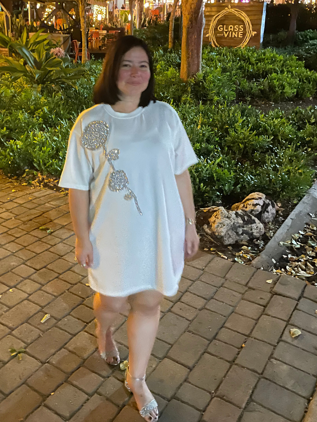 Rhinestone Beaded Flower Embellished T-Shirt Dress