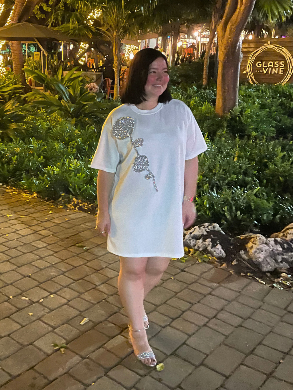 Rhinestone Beaded Flower Embellished T-Shirt Dress