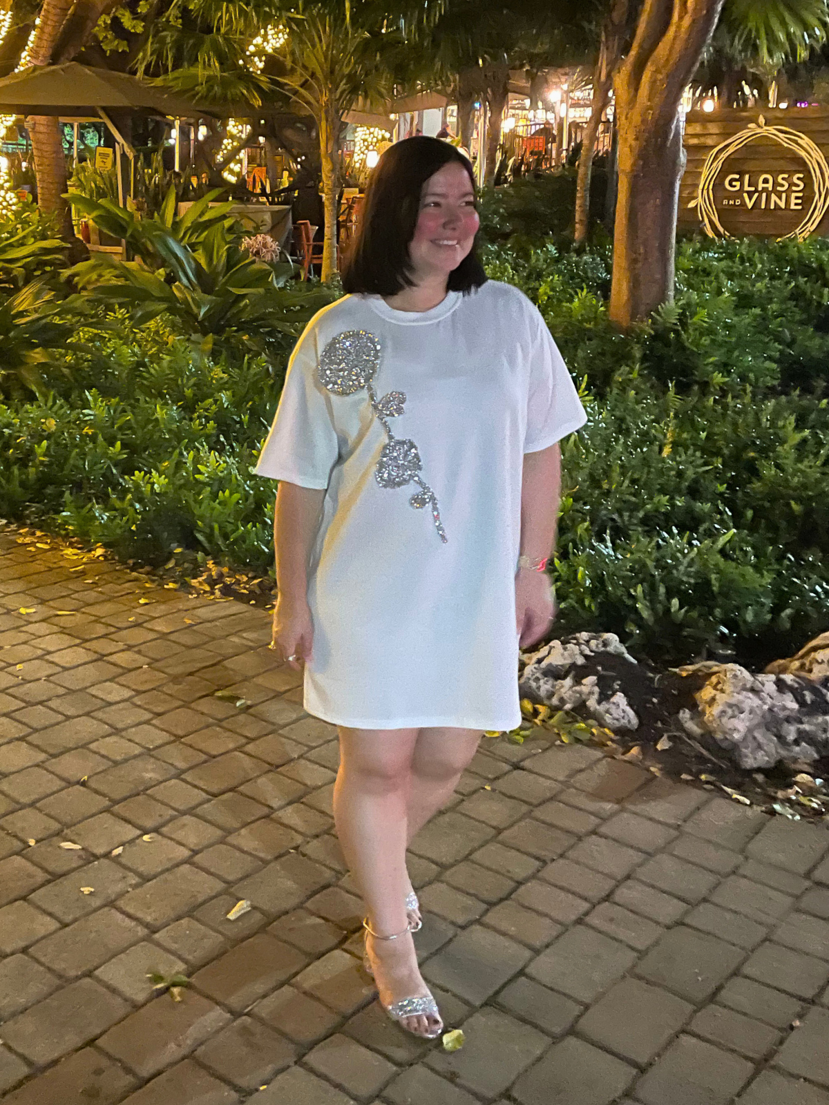 Rhinestone Beaded Flower Embellished T-Shirt Dress