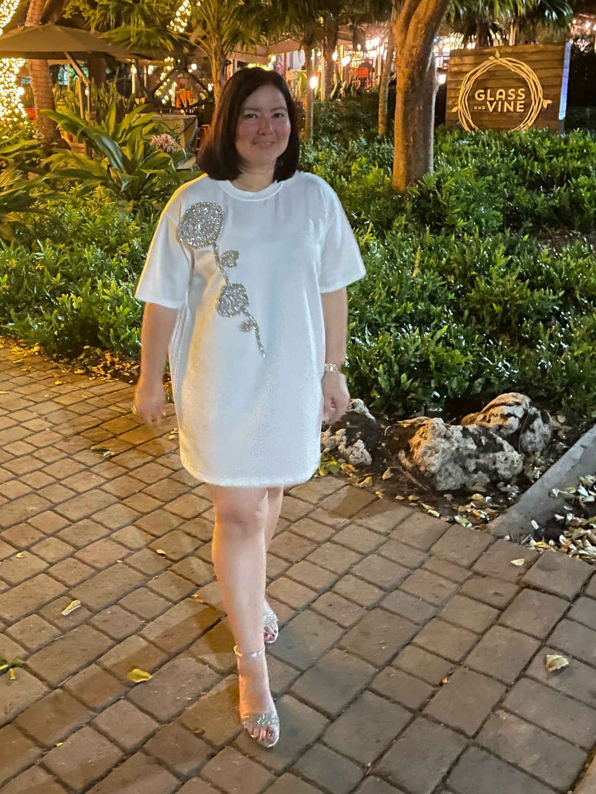 Rhinestone Beaded Flower Embellished T-Shirt Dress