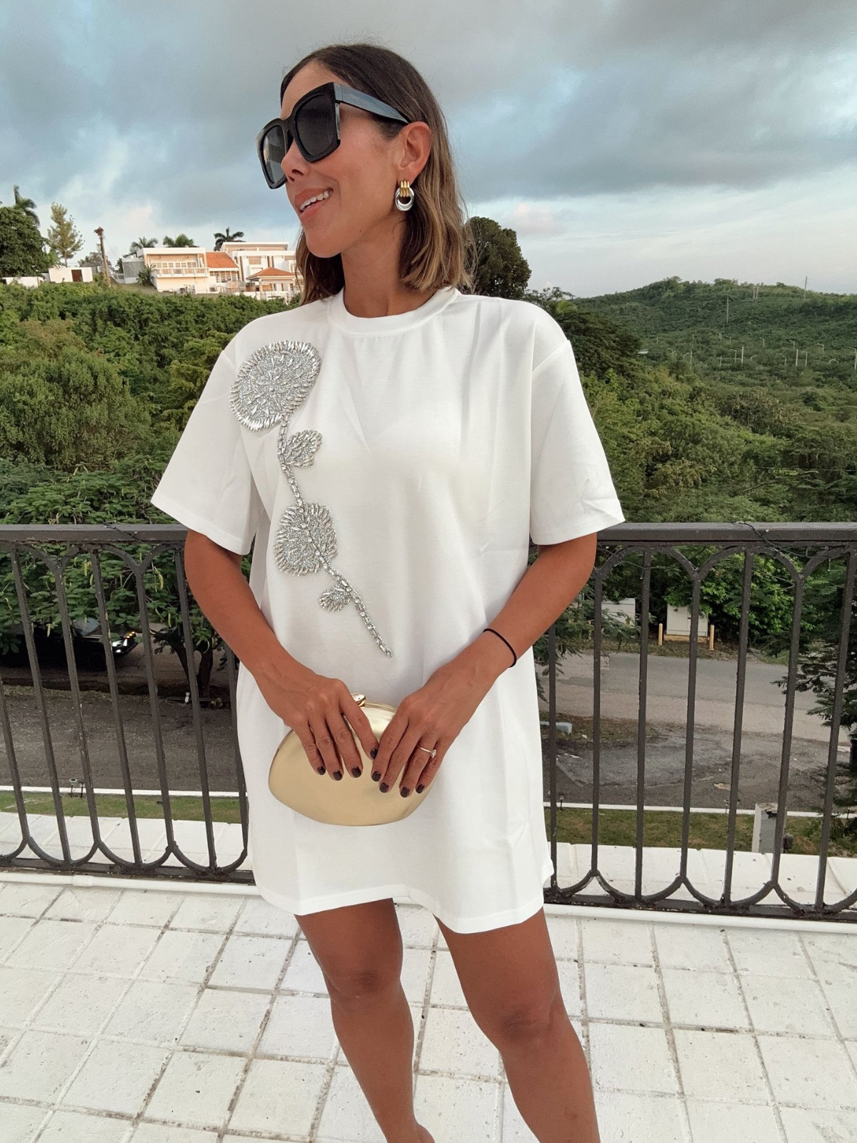 Rhinestone Beaded Flower Embellished T-Shirt Dress